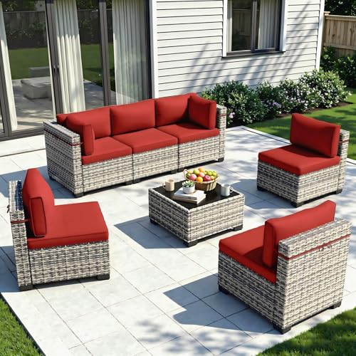 Image of Outdoor PE Wicker Rattan Modular Patio Sectional Sofa Set | 7-Piece: 6 Modular Seats & Coffee Table with Thick Cushions, Red