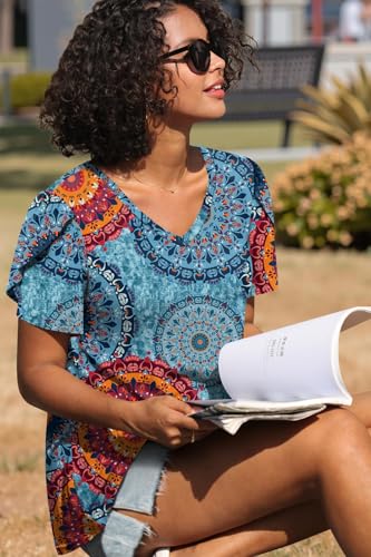 Image of CATHY 2026 Women Tops Summer Short Sleeve Tunic V Neck T-Shirts Loose Casual Floral Blouse S-4XL