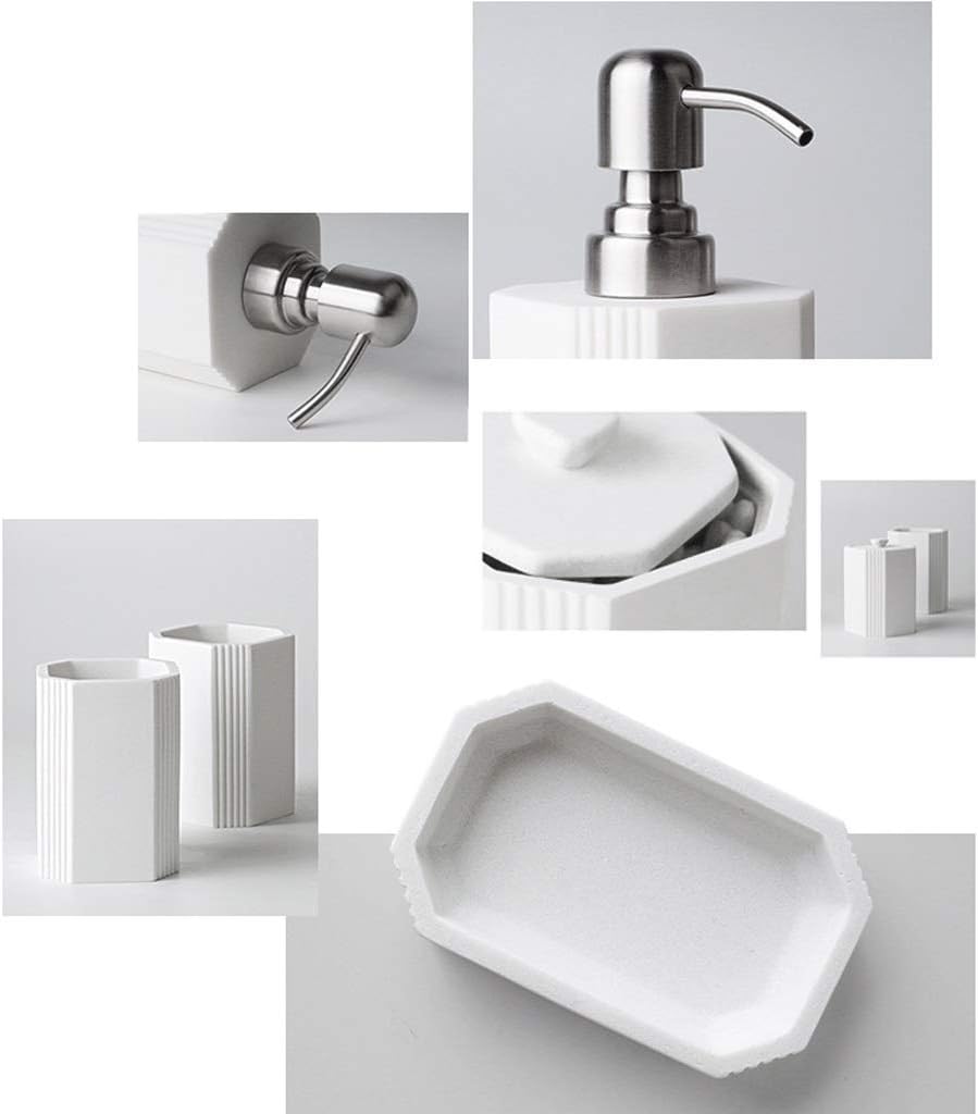 Lotion Dispenser 6 Pieces Natural Sandstone Modern Style Bathroom Vanity Accessory Set Emulsion Dispenser Bathroom Accessories Set Bathroom Lotion Dispensers (Color : Gray) (Silver)