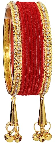 Image of NMII Metal with Zircon Gemstone and Velvet Studded Bells Latkan Bangles Set For Girls and Women I Latkan Bangles, Premium Bangle Bracelet Set I Pack of 16 Bangles