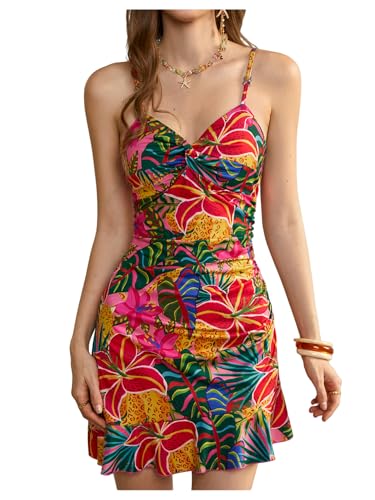 Image of Floerns Women's Summer Tropical Twist Front Ruched Ruffle Hem Bodycon Cami Dress