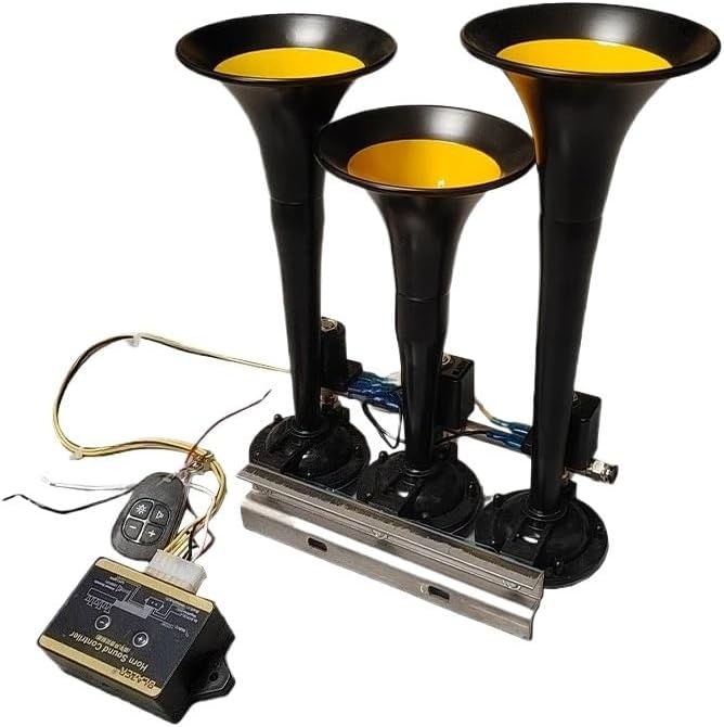 Suitable for 125DB 12/24V 15-Tone 3-Tube Truck Train Trailer Loud Electric Horn Solenoid Valve Speaker Siren(with LED Lights,24V)
