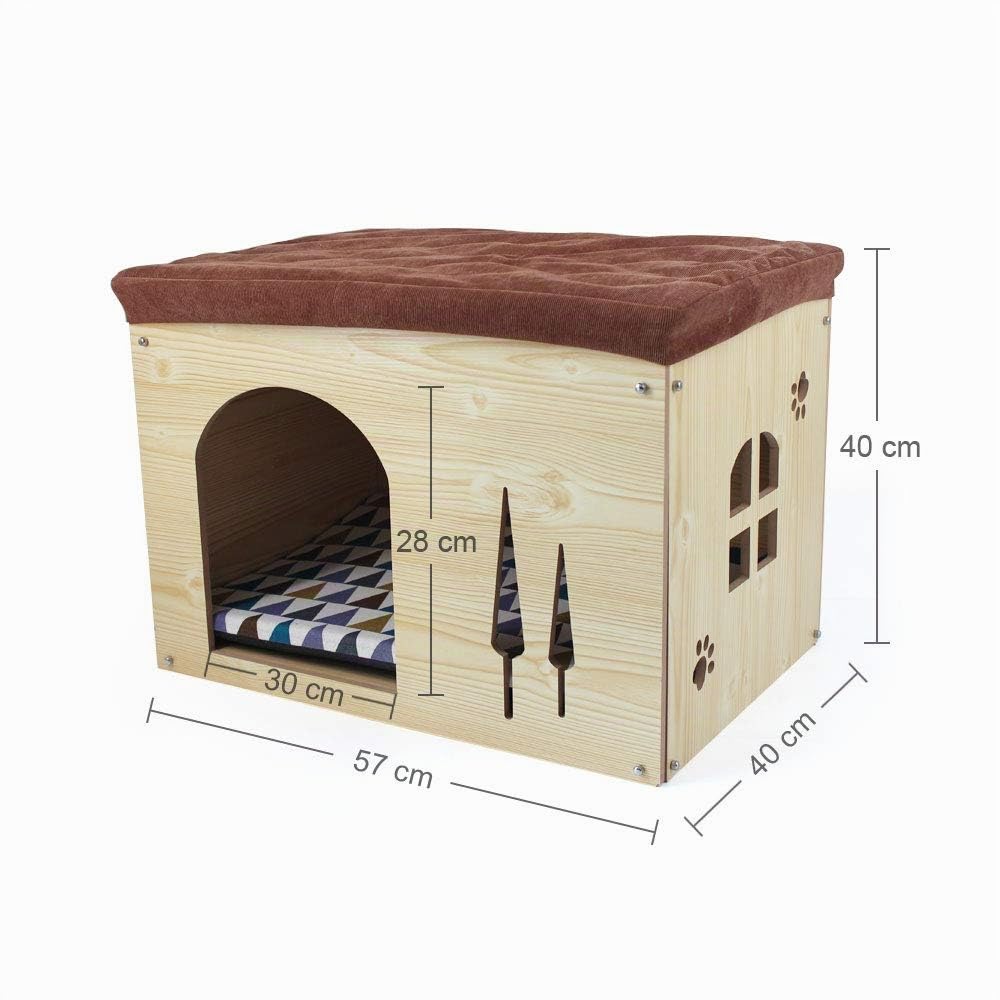 Casa de Madera pour Cane Gatto - Sgabello Casetta per Animali domestici con Cuscino Rimovibile per Cucciolo e Gatto, 57×40×40cm