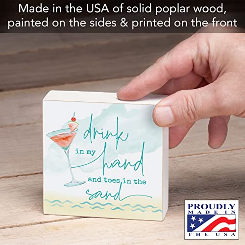 "Drink In My Hand And Toes In The Sand" Decorative Wood Block Sign 3.75" Square Made In The Usa #TOP3