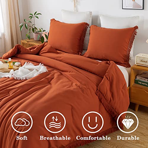 Andency Terracotta Queen Comforter Set, 3 Pieces Burnt Orange Boho Tassel Lightweight Bedding Comforter Sets, All Season Rust Soft Fluffy Fringe Bed Set (90X90In Comforter & 2 Pillowcases) #TOP1