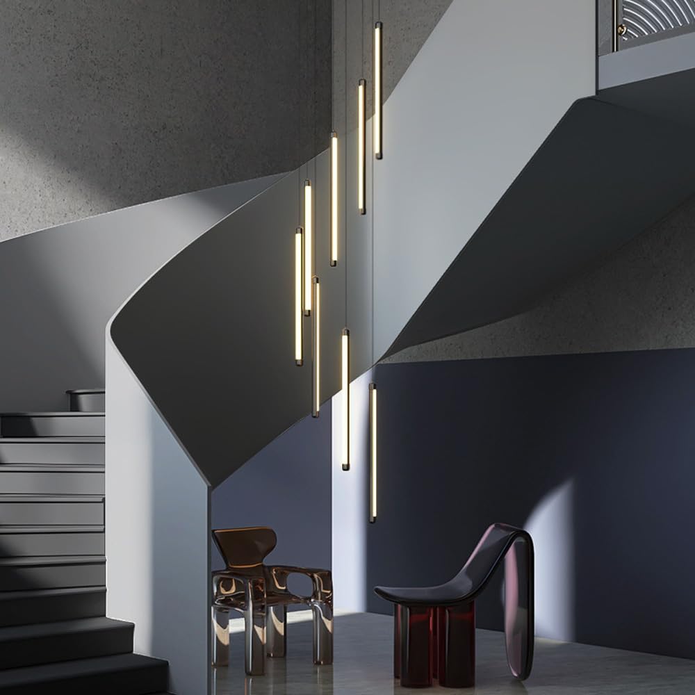 Lampadari da Camino a LED Neri per soffitti Alti Lampadario lineare Lungo sospeso Lampadario lineare Moderno dimmerabile Oro con Telecomando per Soggiorno Tavolo da Pranzo Ingresso RVVU