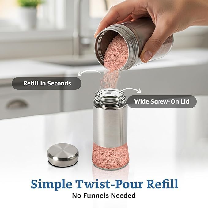 Image of Salt and Pepper Shakers Set, Stainless Steel Salt and Pepper Sprinkler for Restaurant with Glass Bottom, Spice Dispenser Ideal for Himalayan, Kosher, Black and White Pepper (Black + Silver)