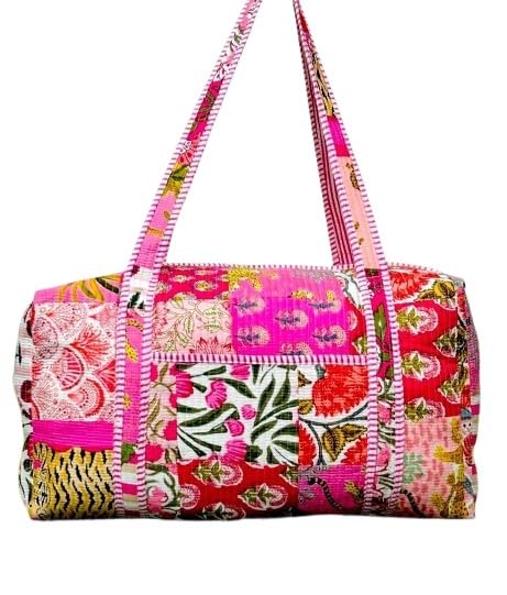 Women Large Cotton Quilted Duffel Bag Block Print Fabric Weekender Bags For Women Holiday Gifts Handmade PatchWork Travel Overnight Bag storage bag gifts for mom, (18x9x9