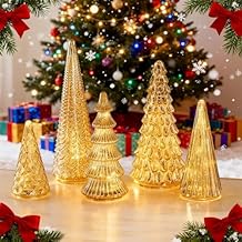 2026 New Upgrade Mercury Glass Christmas Trees with Led, BFF Collection Set of 5 Illuminated Mercury Glass Christmas Trees, Christmas Decor Lighted Tree Figurine for Xmas Home Centerpie Gold