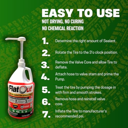 Image of Flat Out Off Road Tire Sealant, Outdoor Power Equipment Formula with Valve Core Tool, Prevents Flat Tires, Fix a Flat Tire, Seals Leaks, Contains Kevlar, 1 Gallon