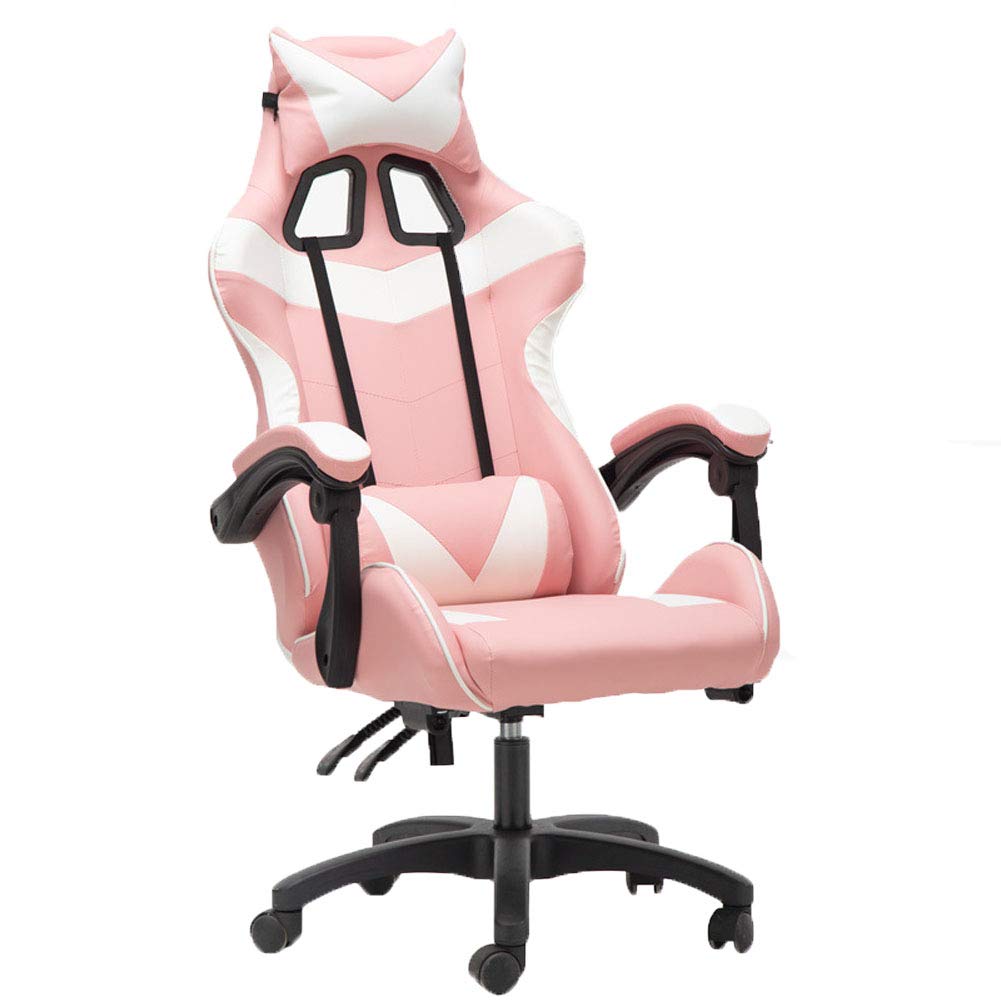 BAIAA Gaming Chair High Back Heavy Duty Home Office Computer Desk Chair with Lumbar Support and Padded Armrests Designed for Young Generation,Leather Exclusive Swivel Chair (Pink and white)