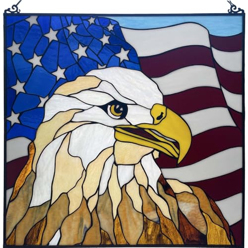Bieye W10108 Bald Eagle with American Flag Tiffany-Style Stained Glass Window Panel, 22