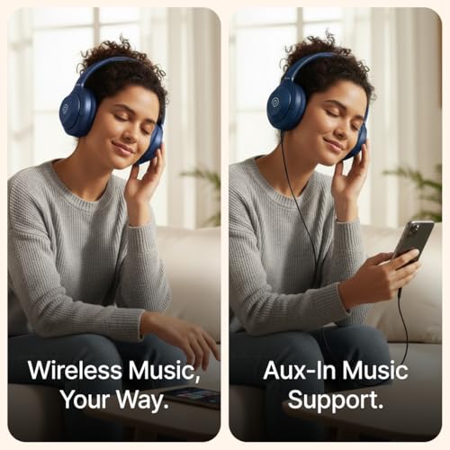Image of pTron Studio Classic with 75Hrs Playtime, Dual Device Pairing, Wireless Over Ear Headphones with HD Mic, Deep Bass, TruTalk AI-ENC Calls, Low-Latency Game & Music, BT5.4 & Type-C Charging (Navy)