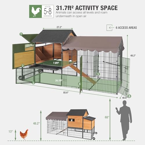 Image of Extra Large Mobile Chicken Coop with Run, Portable Chicken Tractor with Wheels, Wooden Poultry Cage with All-Around Iron Frame, Metal Sliding Tray, Nesting Boxes for 6-8 Chickens
