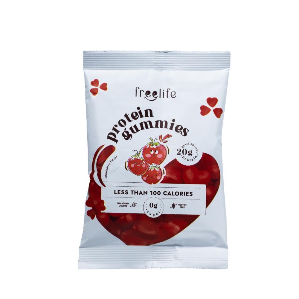 Free Life Strawberry Gummies, High Protein 20g - Gluten Free, Zero Sugar, Low Carb 4.5g, Snack, 32g Pack