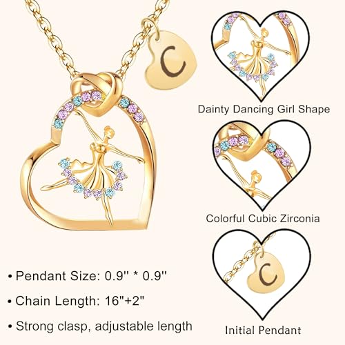 Dainty Initial Ballerina Necklace Letter Heart Ballet Necklaces Dance Lovers Gifts for Her Recital Daughter Niece3