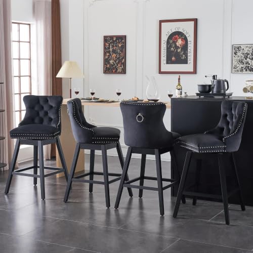 Image of Black Swivel Bar Stools, Velvet Counter Height Bar Stools Set of 4 | 360 Swivel Bar Chairs, Solid Wood Legs, Upholstered Kitchen Island Stools, Modern Extra Wide Seat (Black, 30 inch H, 4 Pack)