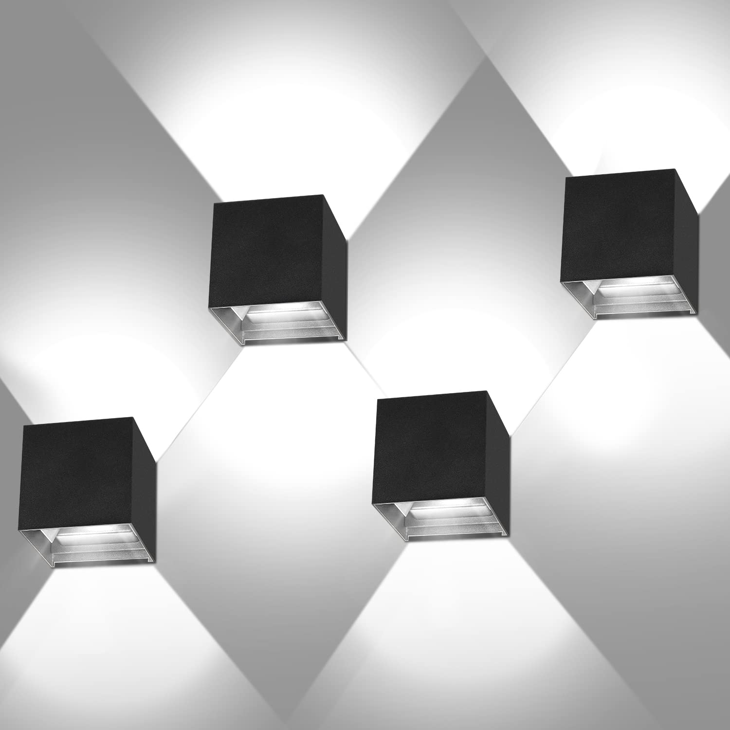 LEDMO 4 Pezzi LED Applique da Parete 12W Bianco freddo 6000K, Lampada da Parete Moderna Nera per interni ed esterni IP65 Impermeabile