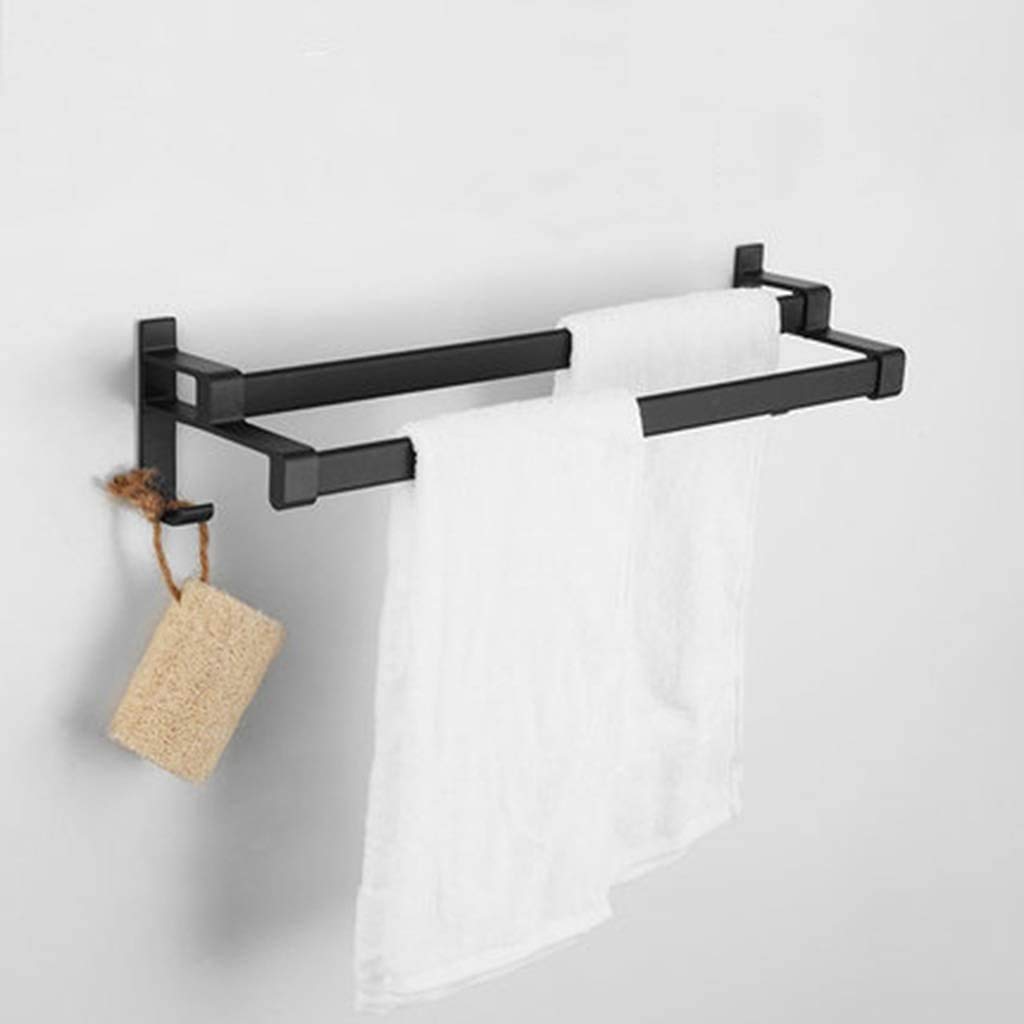 Toallero de pared con gancho de doble barra, color negro, para cocina, baño, hotel, oficina, espacio libre de perforaciones, aluminio, 80 cm