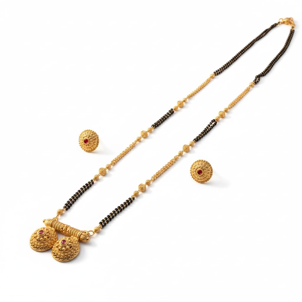 Traditional Maharashtrian 36 Inch Long Mangalsutra with Round Pendant & Floral Stud Earrings | Antique Gold Plated Chain Stylish Jewelry for Women & Girls Mangal Sutra