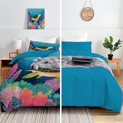 Housse de Couette Tortue Fermeture Eclair Linge de Lit Facile à Enfiler 140x200