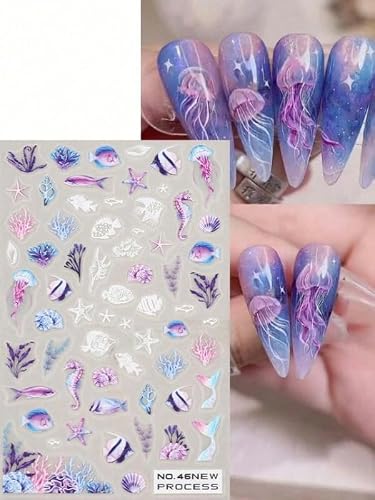 2 Sheets Dreamy Mermaid Tail Nail Stickers Summer Nail Decals Embossed Beach Nail Stickers Art Design Decals for Nail Art Supplies Accessories