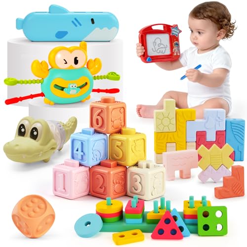 8-in-1 Montessori Baby Toys for 6-12 Months Babies Travel Toy Set with Stacking Blocks Pull Teether Sensory Shape Sorter Drawing Board & Harmonica Infant Learning Gift for Toddler 1-3 Year Old