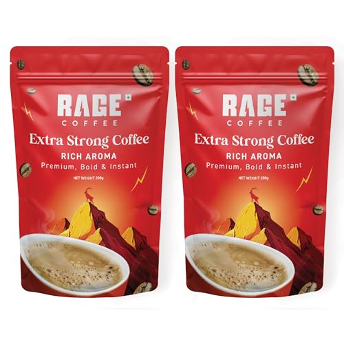 Image of Rage Coffee Extra Strong Premium Blend Coffee Powder | Premium, Bold & Instant | Instant Coffee & Chicory- 100% Arabica Beans for Hot & Cold coffee | Pack of 2 | 200g Each