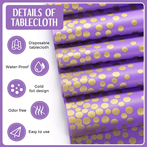 Image of Breling 24 Pack Purple and Gold Disposable Plastic Tablecloths and Satin Table Runner Set, 54 x 108 Inch Tablecloth, 12 x 108 Inch Table Runners for Wedding Graduation Birthday Baby Shower