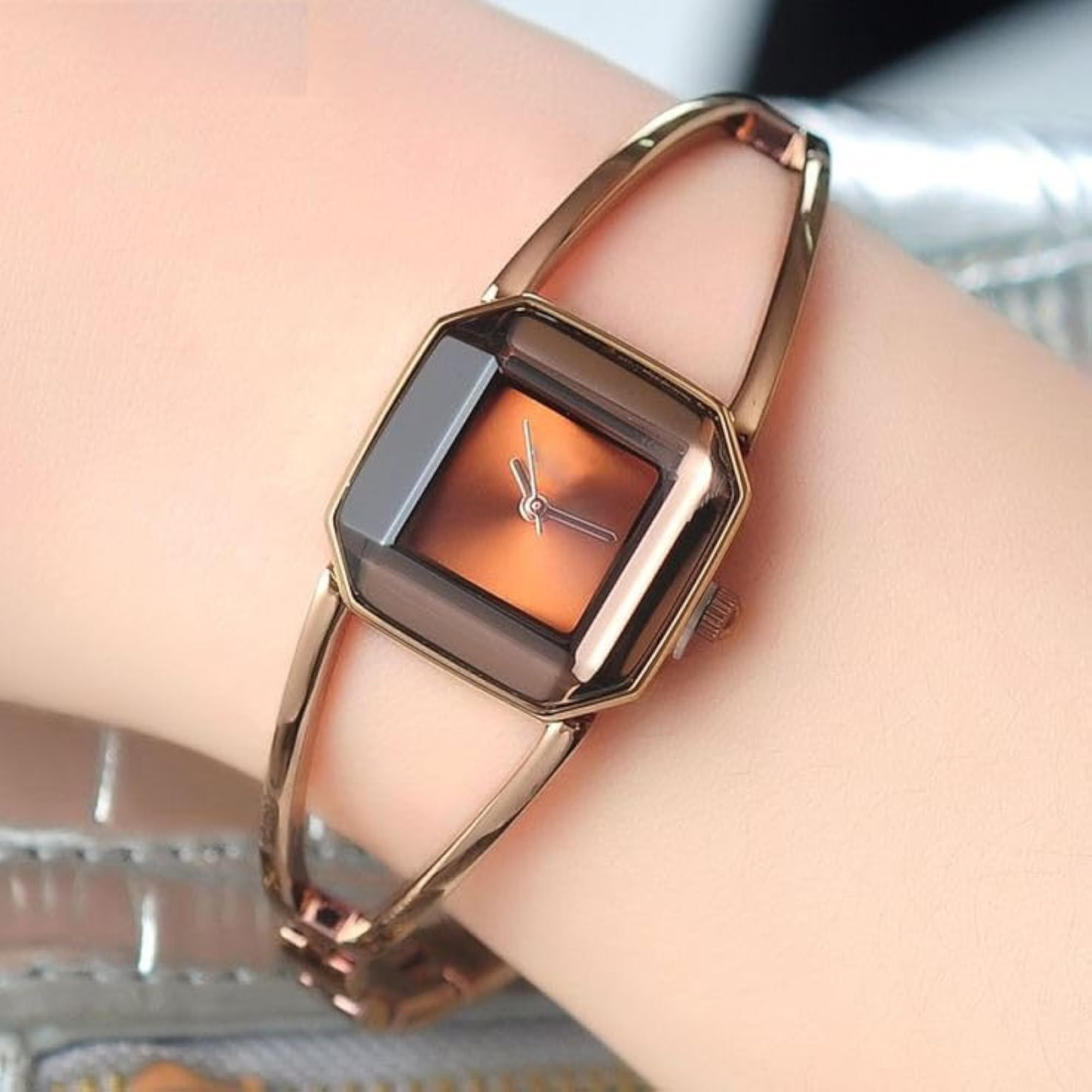 Women's Designer Octagonal Bangle Watch with Champagne Dial