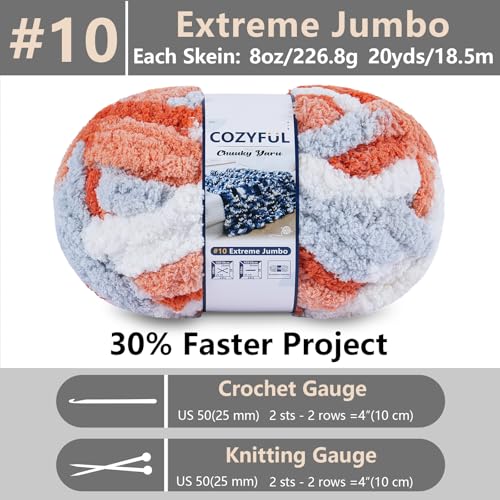 Image of Cozyful Chunky Yarn for Hand Knitting - #10 Chunky Chenille Blanket Yarn, Jumbo Big Thick Chunky Yarns for Crocheting, Tie Dye Bulky Knit Yarns, 8 Skein (20 yds 8 oz Each Skein), Multi Orange&Grey