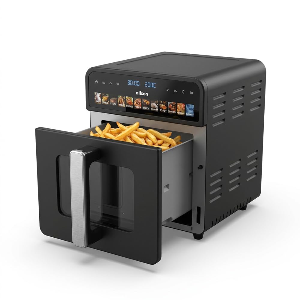 Freidora de Aire sin Aceite 10 Litros, Air Fryer NAF1000CXD, 1700 W, 35-230º C, Display LED, 12 Programas, Cesta Interior Antiaherente, Ventana de Visualización, Doble Resistencia
