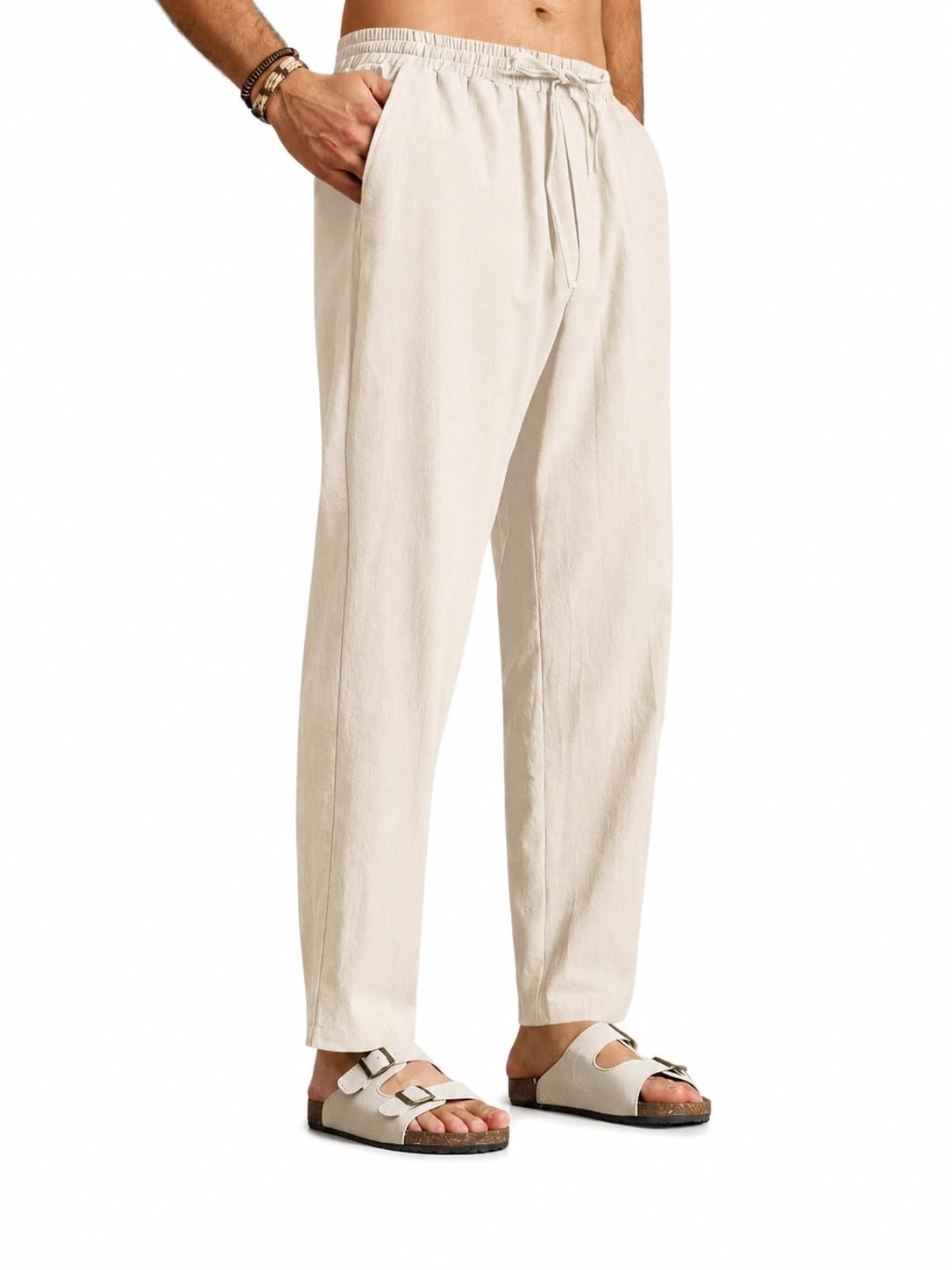 qnim Pants for Men | Loose Fit Casual Cotton Trousers | Lightweight Drawstring Beach Summer Elastic Waist Styling Pant | Comfortable Breathable Beige Relaxed Slacks (Q-71-73)-picture-51