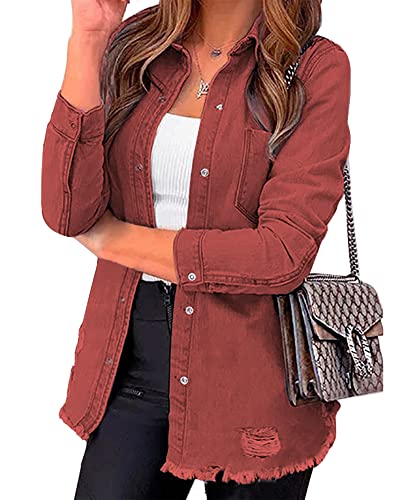 luvamia Womens Denim Jacket Distressed Button Down Jean Shirt For Women Ripped Shacket Coat