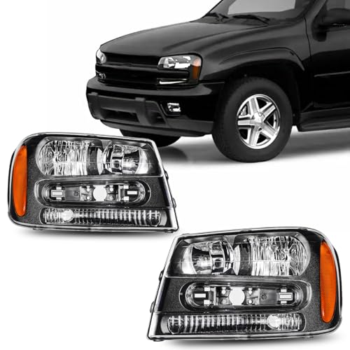 PHILTOP Headlights Assembly for 2002-2009 Chevy Trailblazer,2002-2006 Trailblazer EXT,Pair Halogen Headlamp Black Housing Clear Lens Amber Reflector OE Replacement Driver and Passenger Side