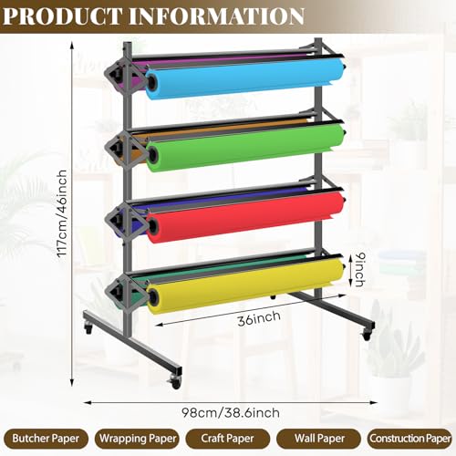 Landhoow Large Paper Roll Holder- Dispenser Rack and Cutter, 8 Racks for Large, 36 Inch, Craft, Gift Wrap and Kraft Rolls, Mobile Rolling Organizer for Classroom Studio Retail(Gray) by Landhoow - Image 2