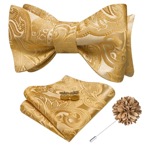 Image of Dubulle Self Tie Bow Ties and Lapel Pin for Men Paisley Solid Mens Bowtie and Handkerchief Cufflinks Set Wedding