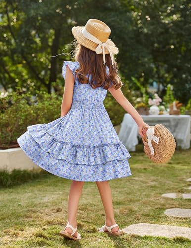 Image of Arshiner Girls Dresses Flutter Sleeve A-Line Sundress Casual Summer Tiered Swing Midi Pocket Dress