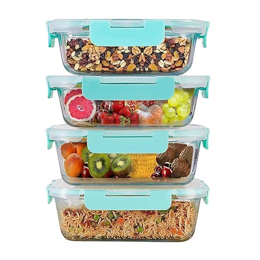 SIMPARTE 1520ml Rectangular Borosilicate Glass Food Storage Containers with Airtight Leak-Proof Blue Lids – Set of 4 | Microwave, Freezer & Dishwasher Safe | Transparent Lunch Boxes at ₹1,088 (72% Off) – Amazon