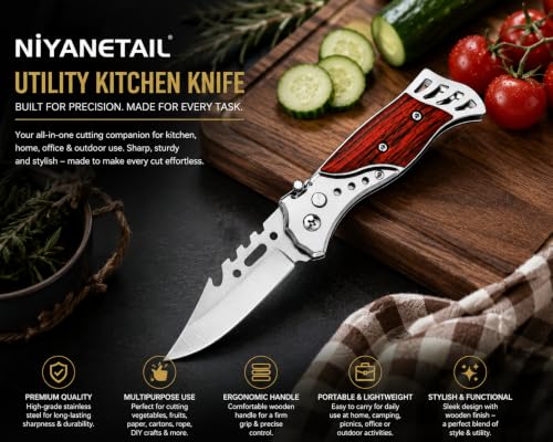 Image of Kitchen Knife Peeler with Wooden Handle | Multipurpose Stainless Steel Cutter for Vegetables, Fruits, Crafts, Carton Opening, Paper Cutting, Packaging, Kitchen & Household Use Multicolour