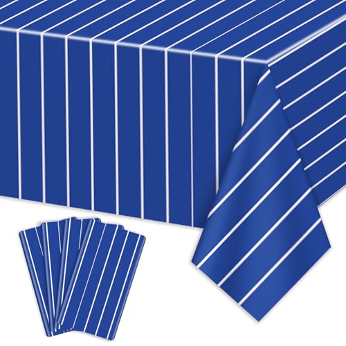 APUXXJUPA 4 Pcs Plastic Baseball Tablecloths, Rectangle Blue Stripe Party Table Cloth for Baseball Game Day Sports Theme Party Supplies, 51 x 86 Inches