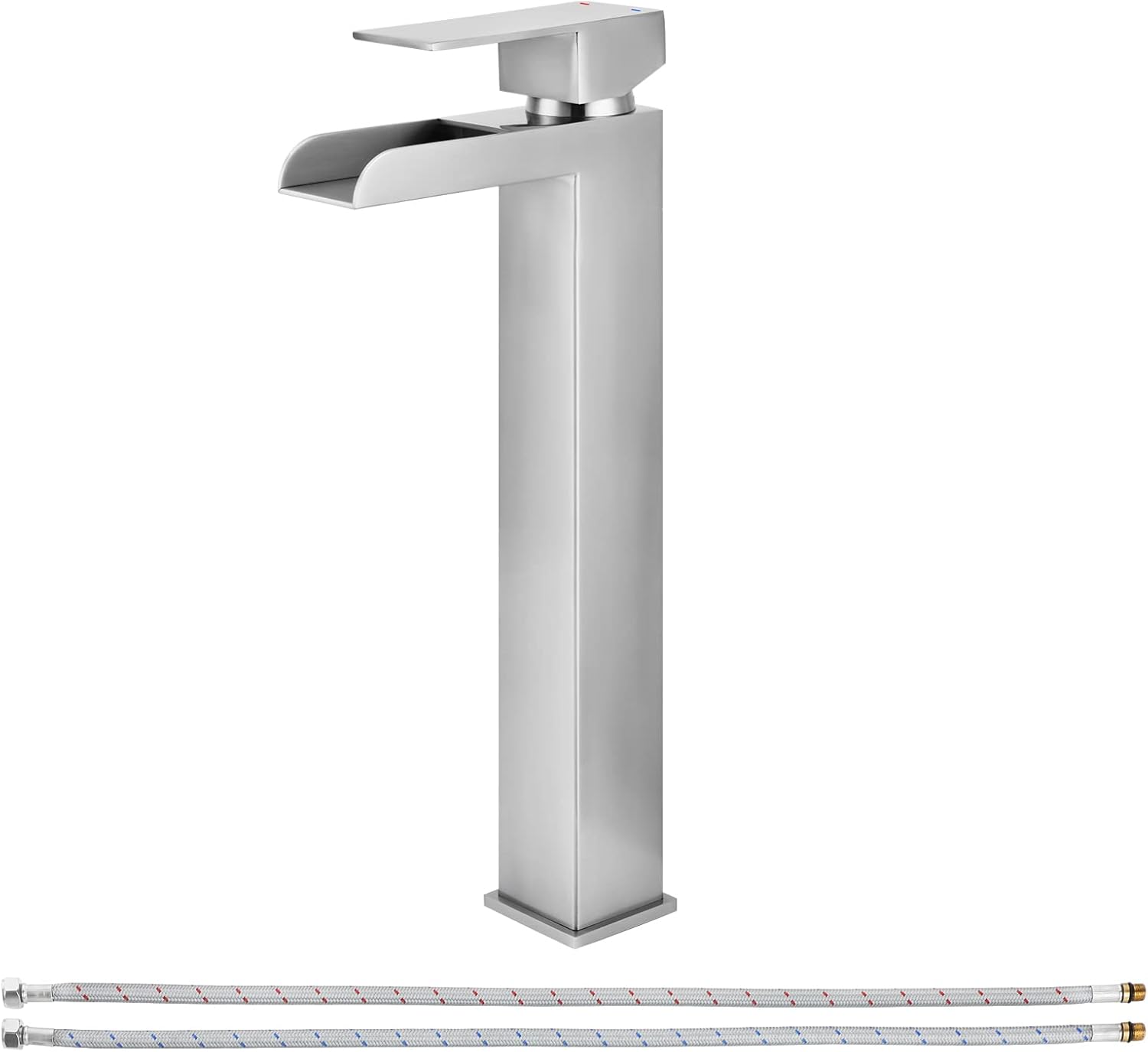 PARLOS Waterfall Vessel Sink Faucet Single Handle Tall Bathroom Vanity Mixer Tap One Hole with Water Supply Line, Brushed Nickel, 1441102D