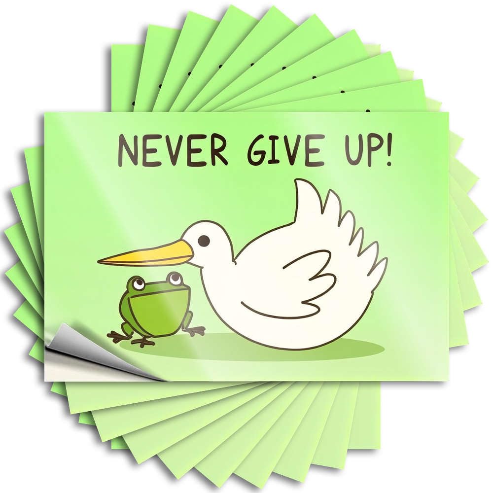 Patio Decor Window Decals | A Stork Carrying A Frog with The Text Never Give Up! Winter Durable Vinyl Sticker Easy Apply for Beer(8X12CM)