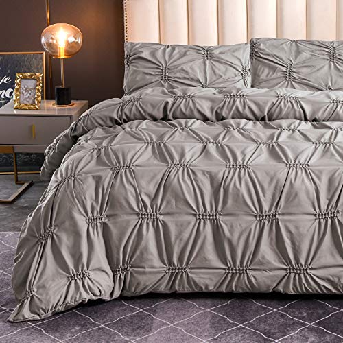 Pintuck Parure de Lit avec Plis Pincés, 1 x Housse de Couette 220x240 cm et 2 x Taies d'oreiller 50x70 cm pour 2 Personnes, Microfibre Linge de Lit avec Fermeture Eclaire, Gris Cover