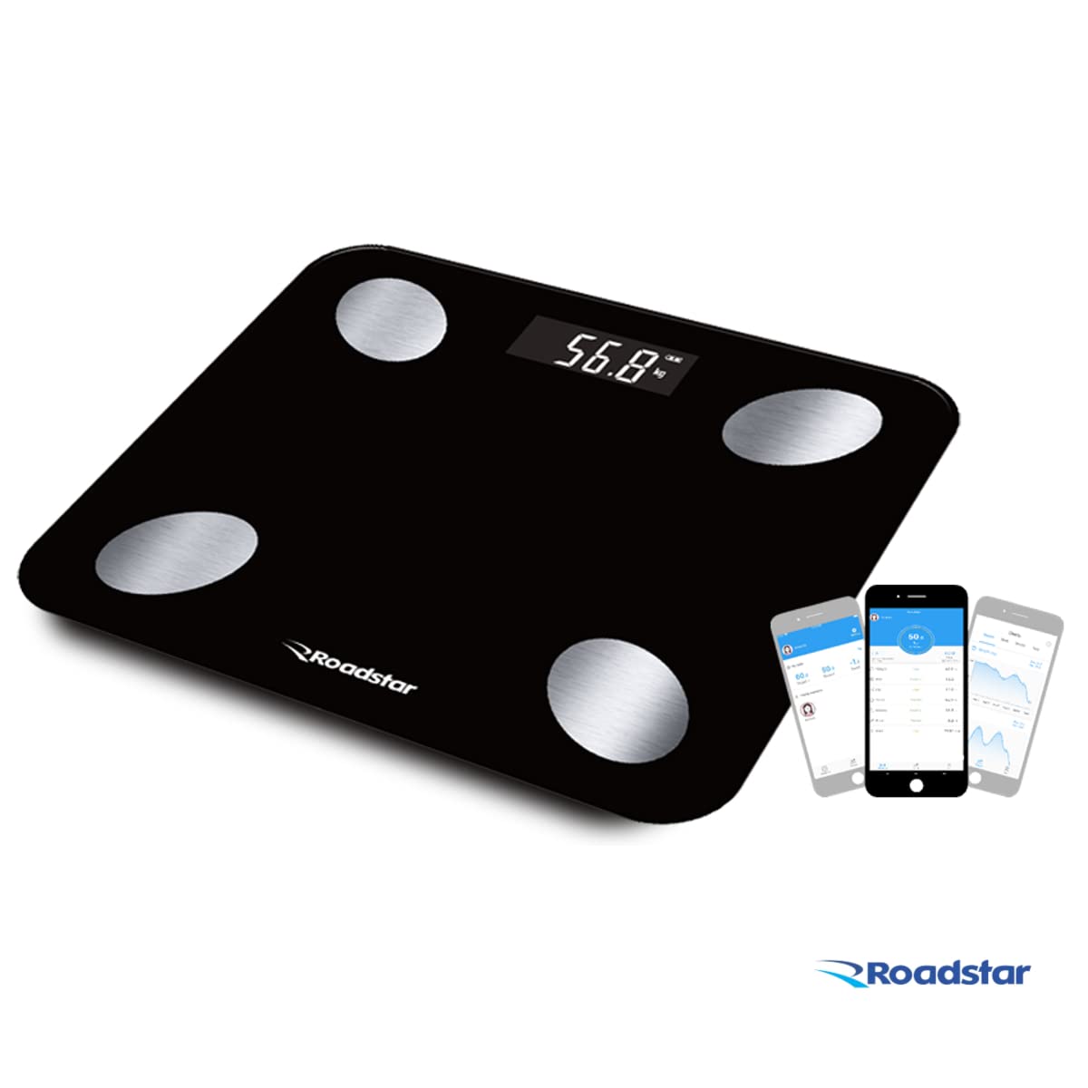 Roadstar RS-870BR Bioimpedance Smart Scale next to a smartphone displaying the FitGo app interface