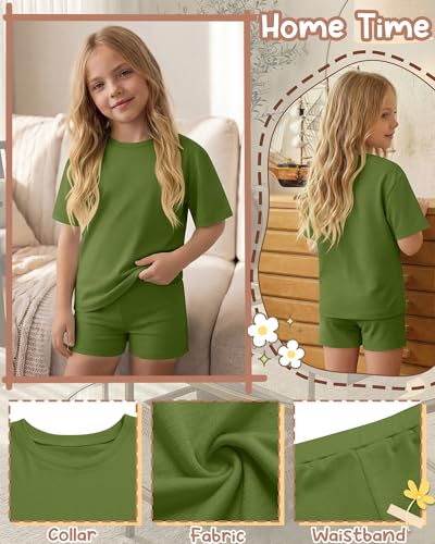 Image of Oakgarden Summer Outfits for Girls 5-14Y Athletic Casual Sets Kid Short Sleeve Shirt Bike Shorts 2 Piece Tween Trendy Clothes