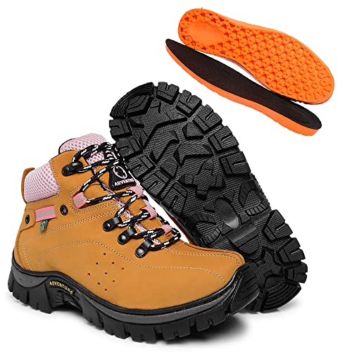 Bota Coturno Adventure Feminina em Couro com Solado de Borracha Costurado Antiderrapante (Amarelo-Ro