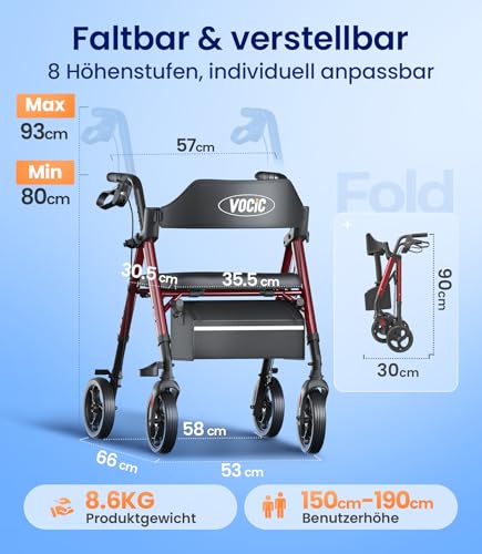 VOCIC Rollator Faltbar und Leicht mit Sit,Rollatoren Schmal für Wohnung,Rollatoren für Senioren Klappbar mit 20cm Reifen für All Gelände,Sitz und Griff Höhenverstellbar,5 Jahre Support|Dunkelrot