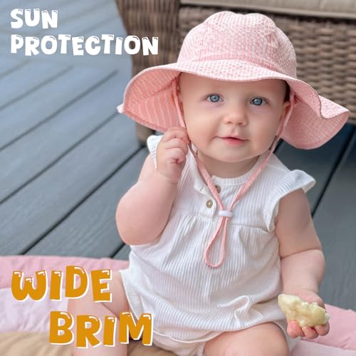 Image of HONGTEYA Baby Sun Hat Toddler Girl Beach Hat Sun Protection Adjustable Outdoor Summer Wide Brim Bucket Hat for Infant Kids