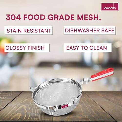 Image of Amanda Stainless Steel Juice & Soup Strainer | Heavy Duty Soup & Liquid Filter | 304 Grade Fine Mesh Chalni | Red Handle Kitchen Strainer for Soup & Juice (Set of 2 (No 6 & 7))